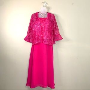 Pink 2-Piece Mother of the Bride Dress Chiffon Midi Lace Sequin Jacket